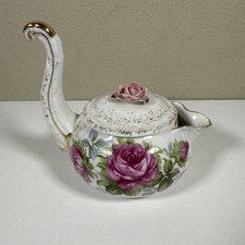 Vintage Lefton China Miniature Teapot Pink Heritage Rose Gold Swan Neck #058