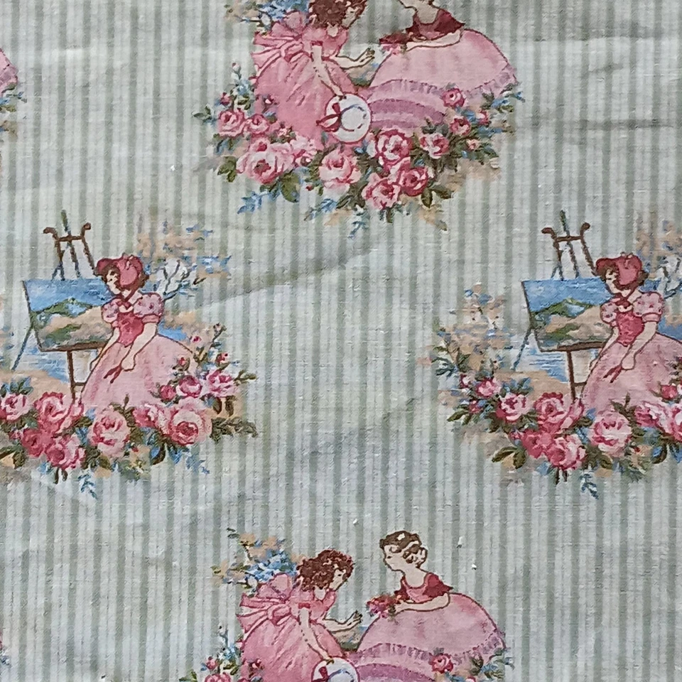 Vtg. Victorian Girls Novelty Cotton Fabric Pink Tea Roses  40 x 61  Cottagecore - Image 3 of 4