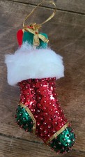 Vintage Handmade Push Pin Stocking Christmas ORNAMENT Sequins Flocked Gifts 