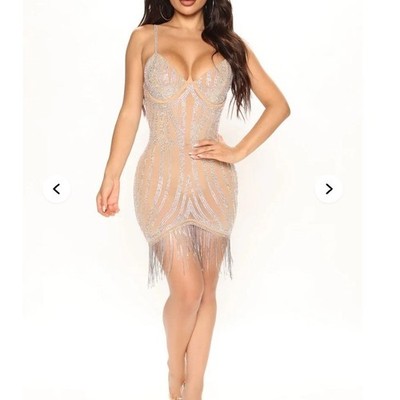 New Fashion Nova Bling All That Sparkles Mini Dress Nude Silver Rhinestone L