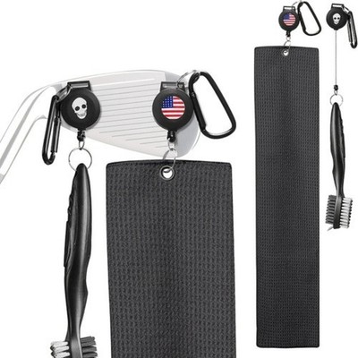 Golf Towels and Brush with 2 Strong Magnetic Retractable Carabiner Clip Set
