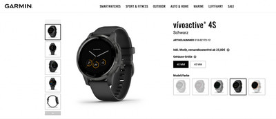 Smartwatch Garmin Vivoactive 4s 40 mm mit GPS - schwarz mit Silikonarmband