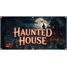 Haunted House Vinyl Banner Spooky Halloween Party Welcome Sign Gothic