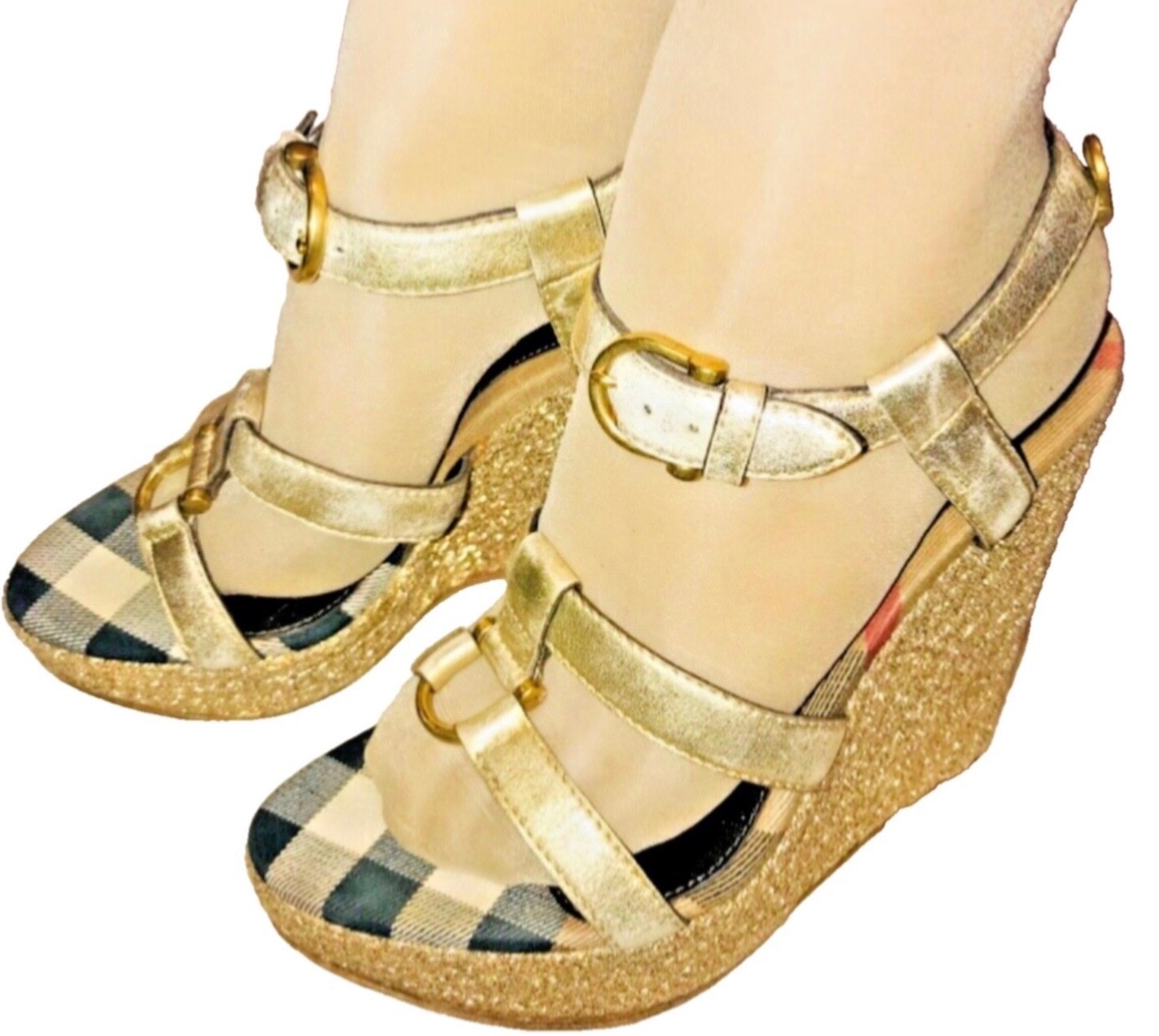 Burberry Gold Leather Nova Check Strap Wedge Buckled Sandals SZ 38 thumbnail 6