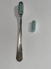 Vintage Weidlich Virginia Sterling Handle BABY TOOTHBRUSH Blue Inserts 4.25"