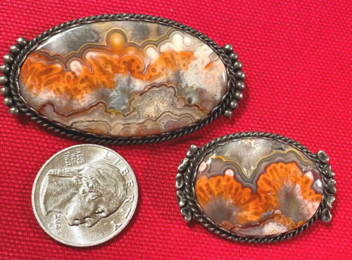VINTAGE 2 BEAUTIFUL HANDMADE Navajo SW STERLING LACE AGATE PIN BROACHES - Picture 5 of 6