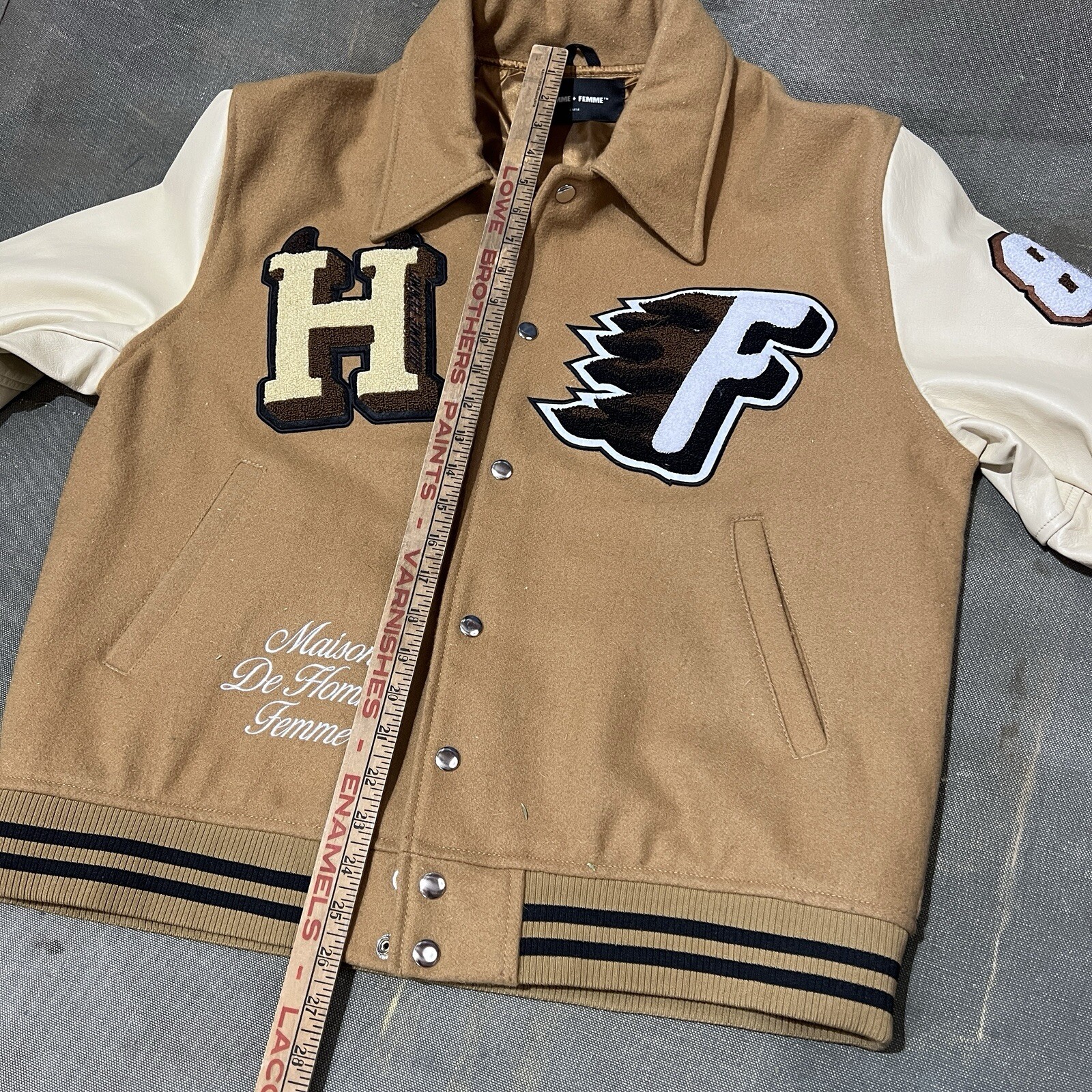 Homme Femme Letterman Varsity World Champs Patched $560 Streetwear Jacket Large