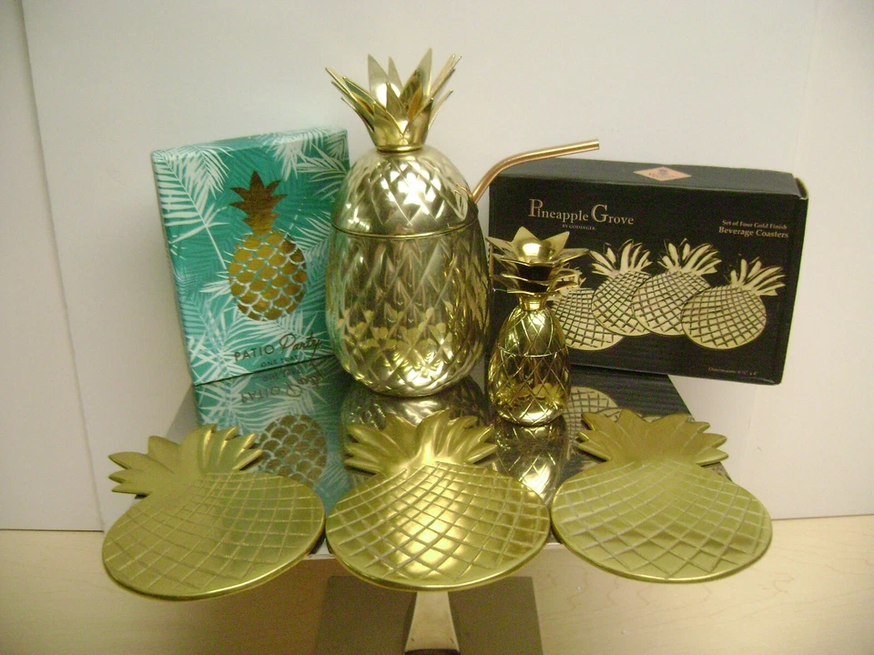 JUEGO DE 4 VASOS DE PIÑA DE ACERO INOXIDABLE DORADO POSAVASOS DE VIDRIO DE CHUPITO Foto 2 de 4