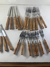 Vtg 22 Piece Lot Old Homestead Turned Wood Handles Flatware Set Knives Forks