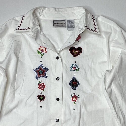Napa Valley Womens Petite White Button Up Shirt Floral Top Long Sleeve Flowers - Picture 4 of 8