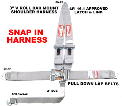 SNAP IN SFI 16.1 RACING HARNESS 5 POINT V ROLL BAR MOUNT 3'' LATCH & LINK GRAY