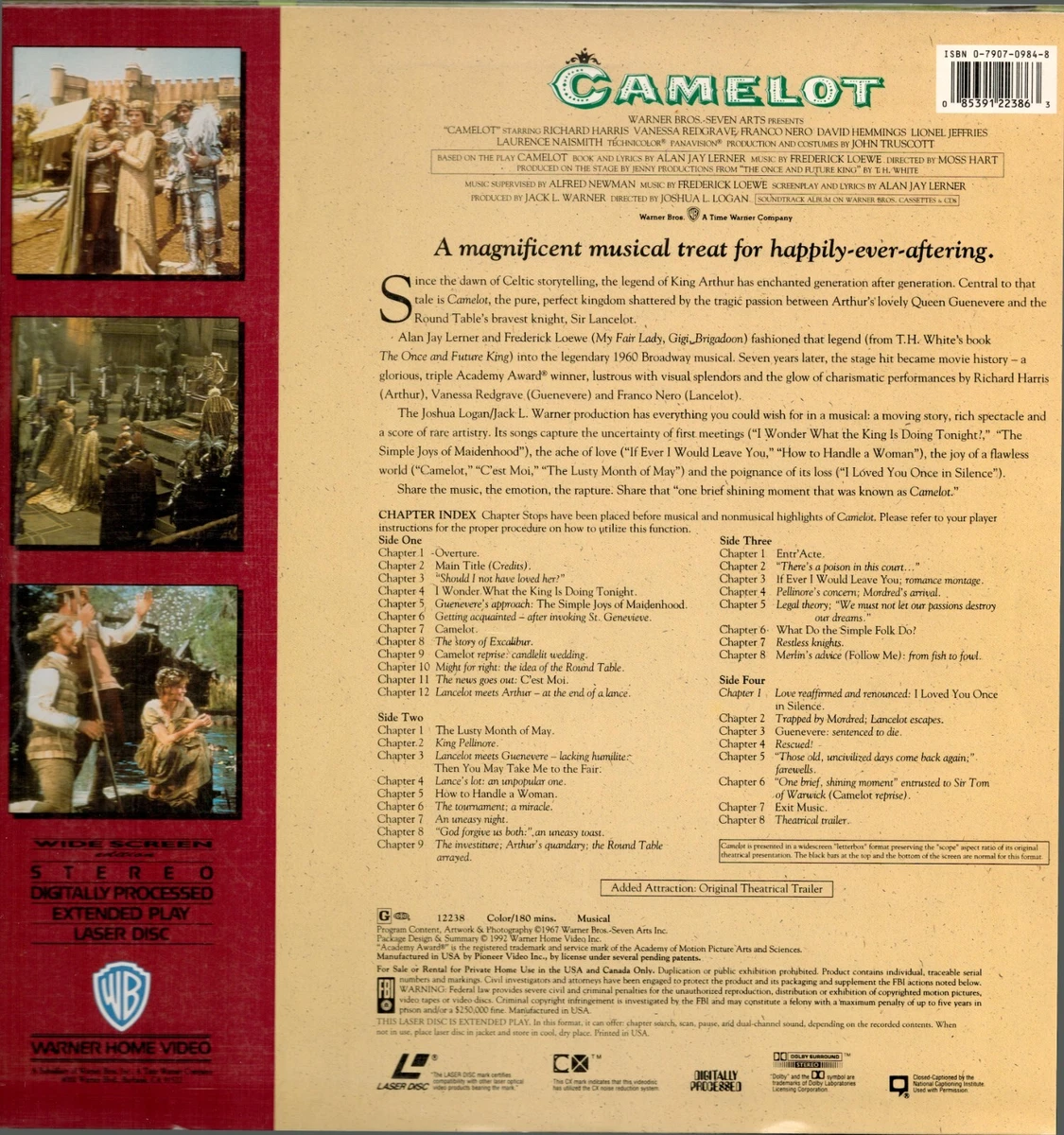 CAMELOT Richard Harris, (Laser Disc, 1967) Drama, Musical Wide Screen Edition