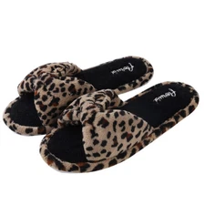 Women Open Toe Cozy Slide Bowknot Leopard Print Spa Slippers Bedroom House Shoes