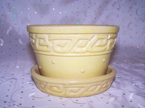 Vintage McCoy Yellow Flower Pot Greek Key Pattern Attached Saucer