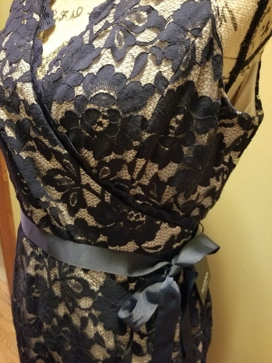 NWT Womens Marina Lace Floral Faux Wrap Dress Navy Blue Tan Sleeveless Lined 8 | eBay NWT Womens Marina Lace Floral Faux Wrap Dress Navy Blue Tan Sleeveless Lined 8 | eBay