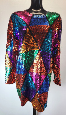 VTG L'EAU VIVE Harlequin Pattern Full Sequin Dress Womens L  NEW YEAR*Sparkle*