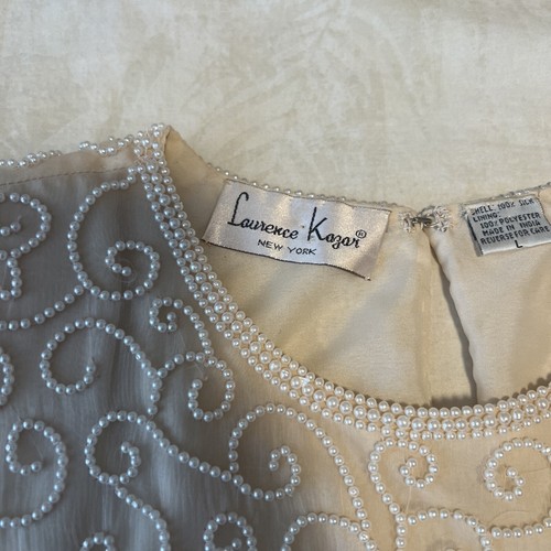 Vintage Lawrence Kazar Silk White Embellished Beaded Evening Blouse, Large - Picture 4 of 13