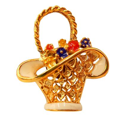 Flower Basket Brooch Vintage Spring Easter Gold Tone Yellow Pink Floral