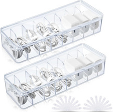 2 Pcs Cable Organizer with 20 Wire Ties, Clear Plastic Cord Storage Box with Lid