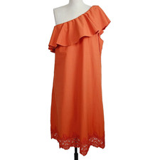 NEW H&M Dress 10 Cherry Red Embroidered Lace Hem One Shoulder Midi Shift