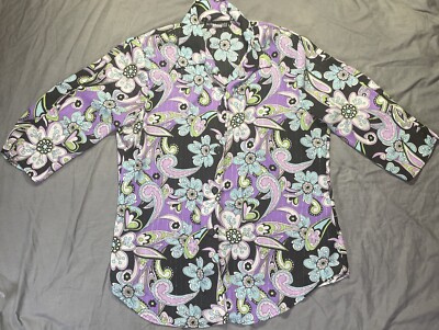 Vtg Gloria Lance Blouse Womens XL Button Up Metallic Detail With Tank Paisley