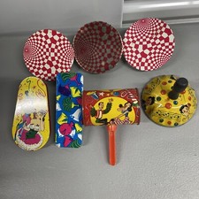 Vintage 7 Pc US Metal Toy Noise Maker Circus Party Ratchet Tin Litho Sound Clown