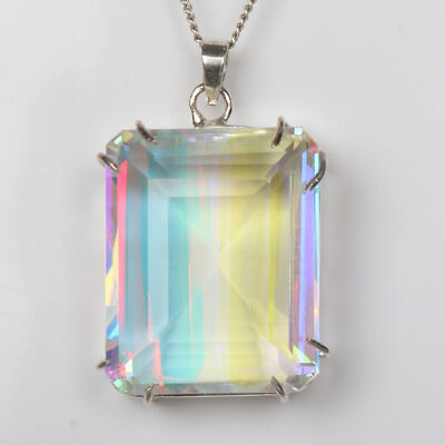 Mystic Topaz 60 Ct Emerald Shape Solid 925 Silver Pendant for Office Lab Created