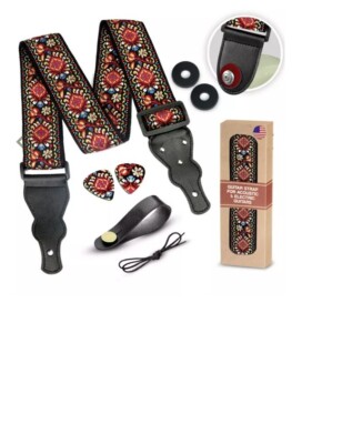 Guitar Strap Embroidered Red Woven -Bass, Electric, Acoustic- Art Tribute
