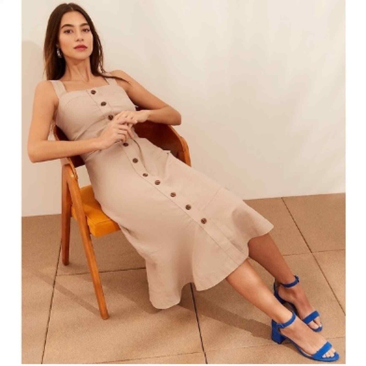 knee length dresses for ladies Threadbare Women's Navy Blue Linen Blend Tiered Button Down Midi Dress with  Flutter Straps