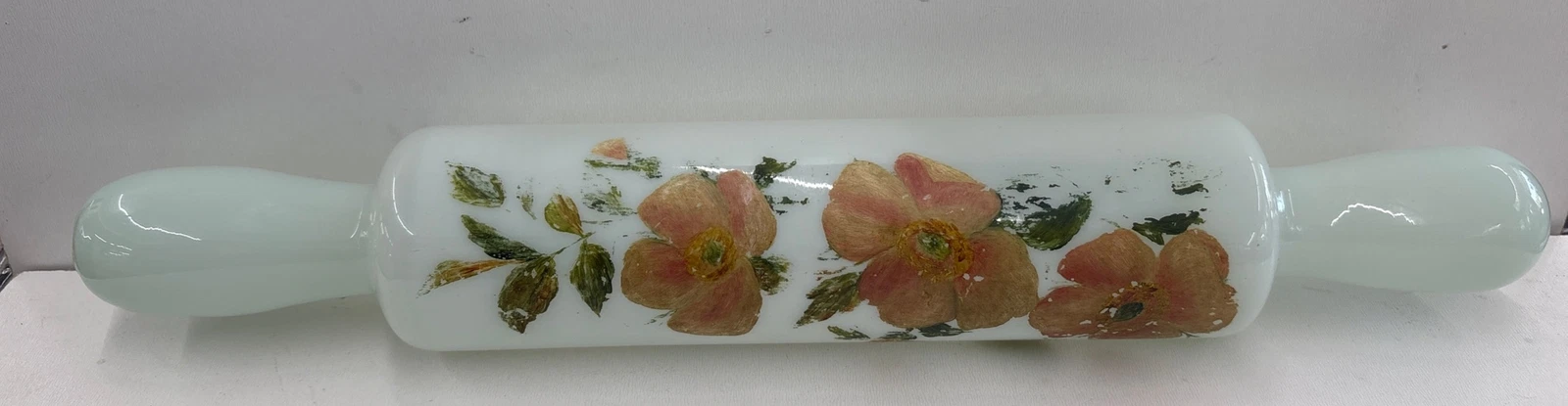 Antique Painted Hand Blown Milk Glass Rolling Pin 14”