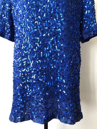 Vintage '80s Joseph Le Bon Royal Blue Sequined & Beaded Tunic Top Cutout L/XL - Picture 4 of 12