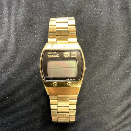 Seiko Quartz LC Chronograph Digital Men's Watch Gold Retro Rectangle Black Dial