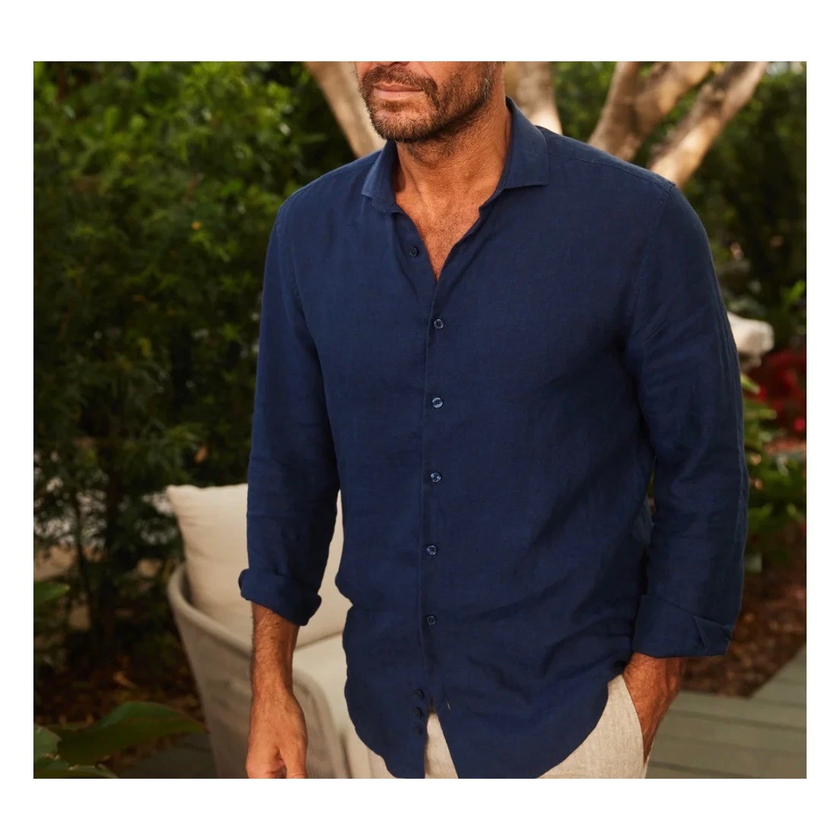 Collars & Co Men Size Medium Toscano Shirt Navy Blue 100% Linen Long Sleeve