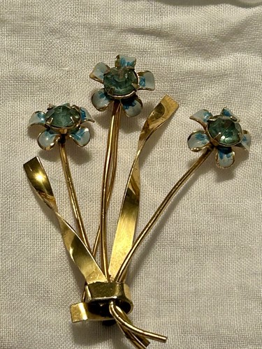 1940’s Vermeil 925 Coro Craft Blue Enamel Rhinestone Large 3” Flower Brooch USA - Picture 10 of 11