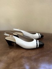 Salvatore Ferragamo Slingback Pumps White Black Cap Toe Leather 8B Italy