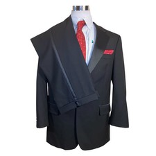 Luxury 2 Piece Tuxedo Men  s 44 Black Wool Satin Lapel Wedding Formal Suit READ 