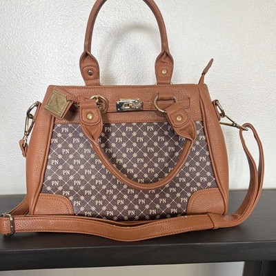 Women s Brown Tan Monogram Satchel Top Handle Bag Zip Detachable Strap
