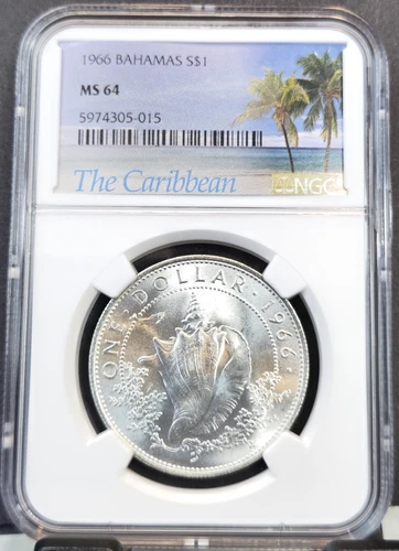 1966 BAHAMAS SILVER 1 DOLLAR CONCH SEASHELL NGC MS 64 FIRST YEAR BEAUTIFUL BU