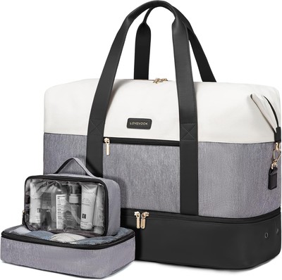 LOVEVOOK Weekender Bag, Large Travel Duffel Bag 56L-3Pcs, Black-grey-white 