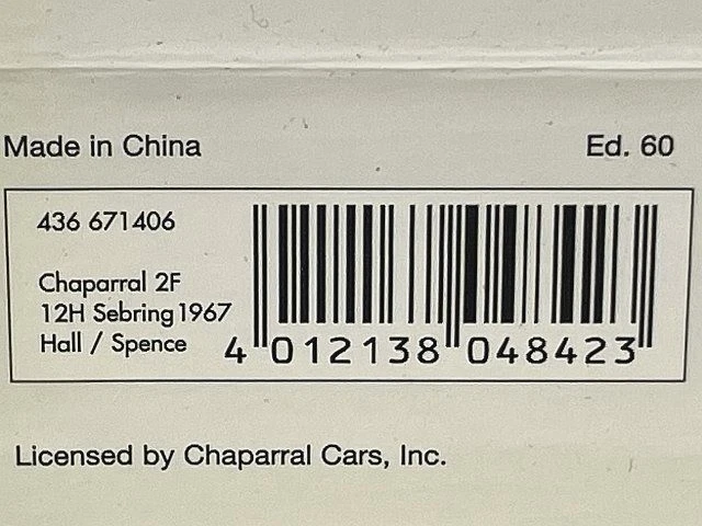 MINICHAMPS 1/43 Chaparral 2F 12H Sebring 1967 Hall Spence #6 white 436671406 - Image 3 of 3