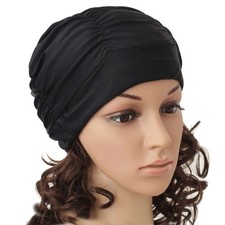 Women Ladies Pleated Cloth Fabric Swimming Hat Swim Hat Cap Bathing Cap Black