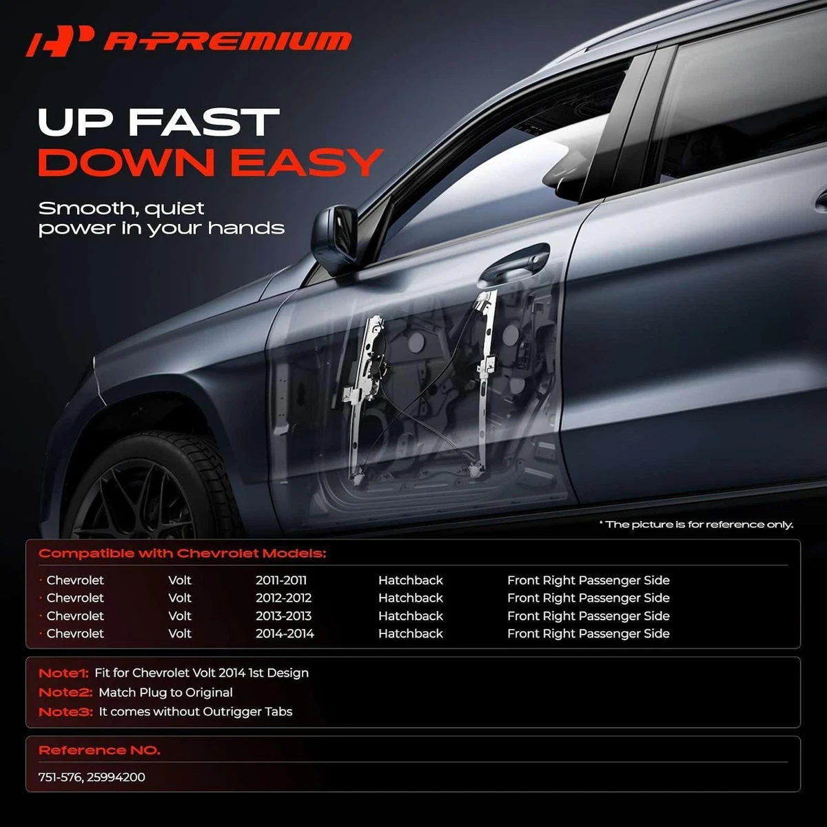 Regulador de ventana eléctrica lateral del pasajero delantero A-Premium con motor (2 pines)
