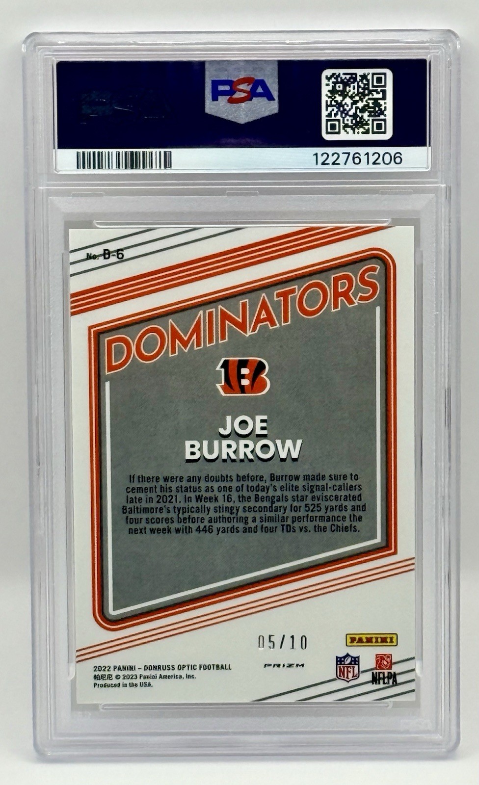 2022 Donruss Optic Joe Burrow Dominators Gold Prizm /10 #D-6 PSA 10 GEM MINT view 4