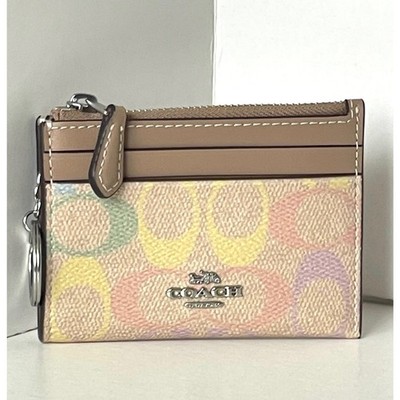 Coach Mini Skinny ID Case CDF92 Rainbow Signature Canvas Yellow Keyring