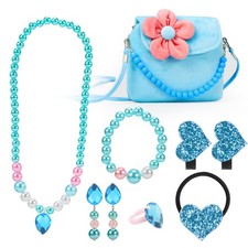 Kids Jewelry Little Girls Plush Handbag Necklace Bracelet Earrings Ring...