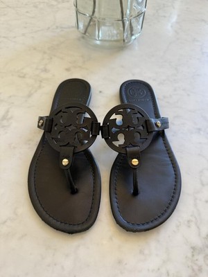 Tory Burch Miller Sandals Black Leather Logo Thong Flip Flops Women s Size 8.5