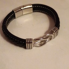 Black Braided Leather Cuff Bracelet Silver Tone Knot Detail Magnetic Clasp