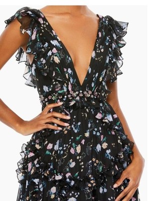 NWT Mac Duggal Floral Ruffle Maxi Deep V-Neck Embellished Waist 68090 OP$598