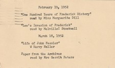Frederick MD  1952 Postal Card -- Frederick History, etc reading at meeting