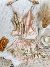 Women’s Satin Pajama Set Camisole & Ruffle Shorts Floral Sleepwear Lounge Set UK